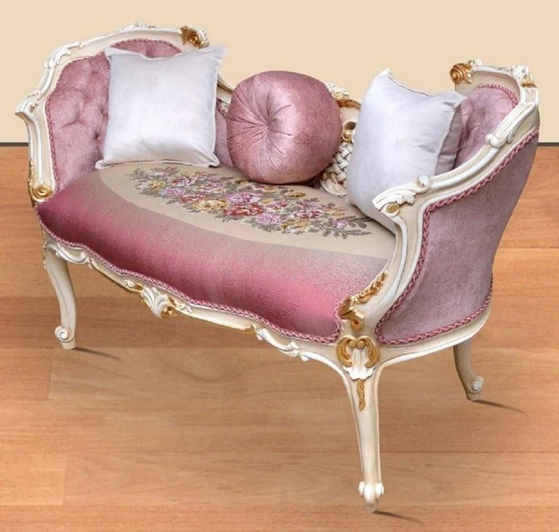 Casa Padrino Barock Sitzbank Rosa / Mehrfarbig / Weiß / Gold 150 x 55 x H. 80 cm - Prunkvolle Massivholz Bank mit edlem Blumenmuster - Barock Möbel