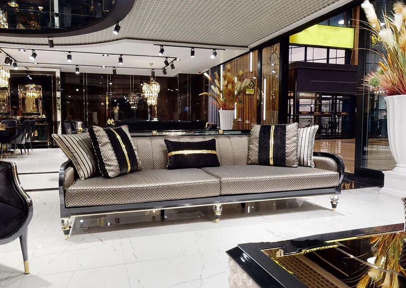Casa Padrino Luxus Art Deco Sofa Gold / Cremefarben / Schwarz / Gold - Art Deco Wohnzimmer & Hotel Möbel - Luxus Kollektion