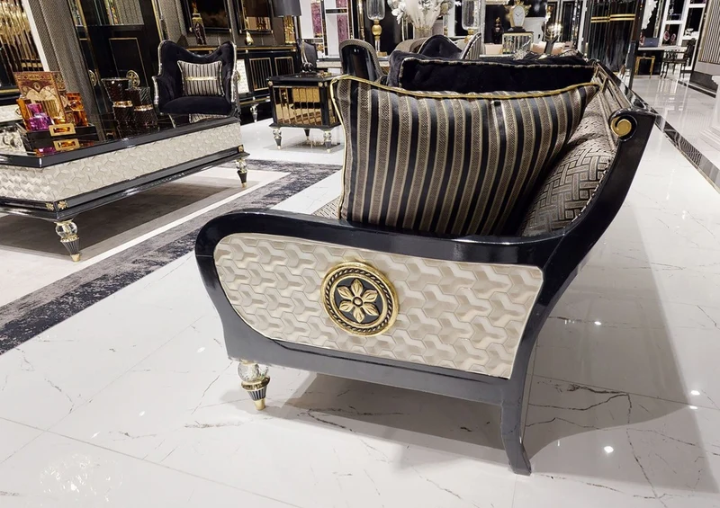 Casa Padrino Luxus Art Deco Sofa Gold / Cremefarben / Schwarz / Gold - Art Deco Wohnzimmer & Hotel Möbel - Luxus Kollektion