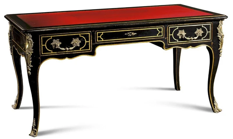 Casa Padrino Luxus Barock Schreibtisch mit 3 Schubladen Schwarz / Rot / Gold - Prunkvoller handgefertigter Massivholz Bürotisch - Barock Büromöbel - Luxus Qualität - Made in Italy