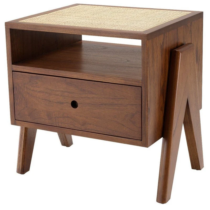 Casa Padrino Luxus Nachttisch Braun / Naturfarben 58 x 45 x H. 55,5 cm - Massivholz Beistelltisch mit Rattangeflecht - Luxus Schlafzimmer Möbel