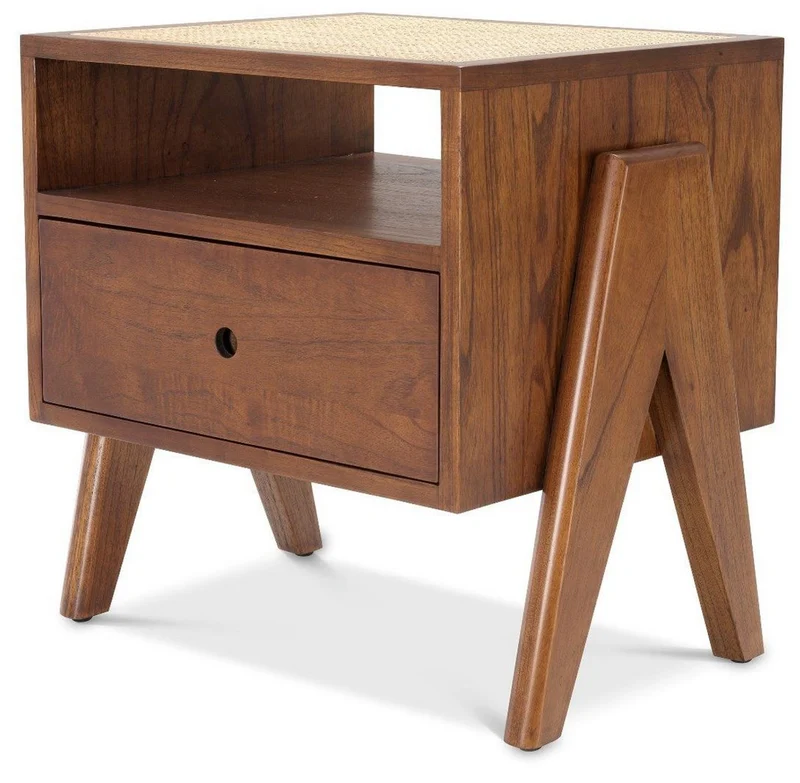 Casa Padrino Luxus Nachttisch Braun / Naturfarben 58 x 45 x H. 55,5 cm - Massivholz Beistelltisch mit Rattangeflecht - Luxus Schlafzimmer Möbel