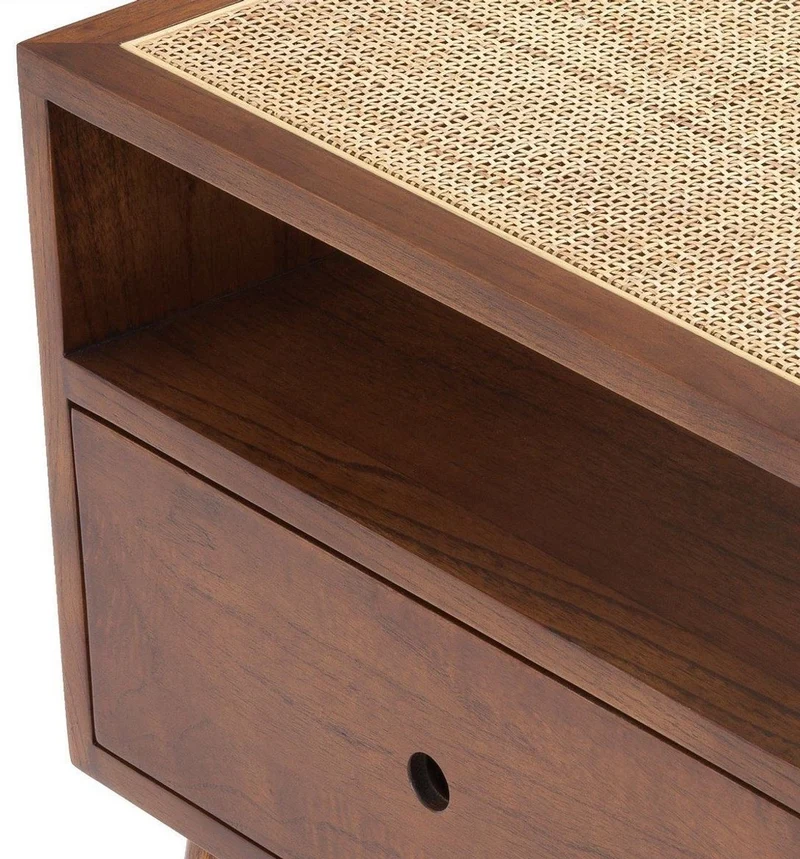 Casa Padrino Luxus Nachttisch Braun / Naturfarben 58 x 45 x H. 55,5 cm - Massivholz Beistelltisch mit Rattangeflecht - Luxus Schlafzimmer Möbel