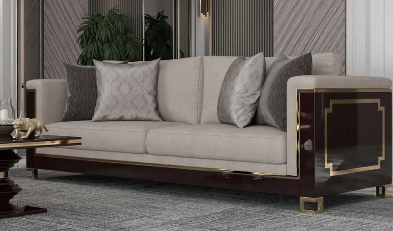 Casa Padrino Luxus Art Deco Sofa Hellgrau / Dunkelbraun Hochglanz / Gold - Handgefertigtes Massivholz Wohnzimmer Sofa mit edlem Samtsoff - Luxus Qualität - Art Deco Möbel