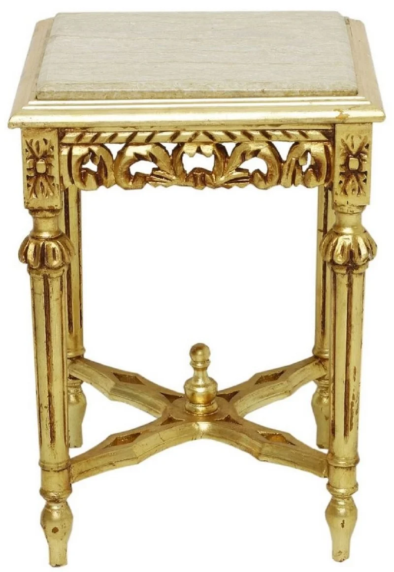 Casa Padrino Barock Beistelltisch Gold / Cremefarben - Prunkvoller Massivholz Tisch mit Marmorplatte - Barock Wohnzimmer Möbel