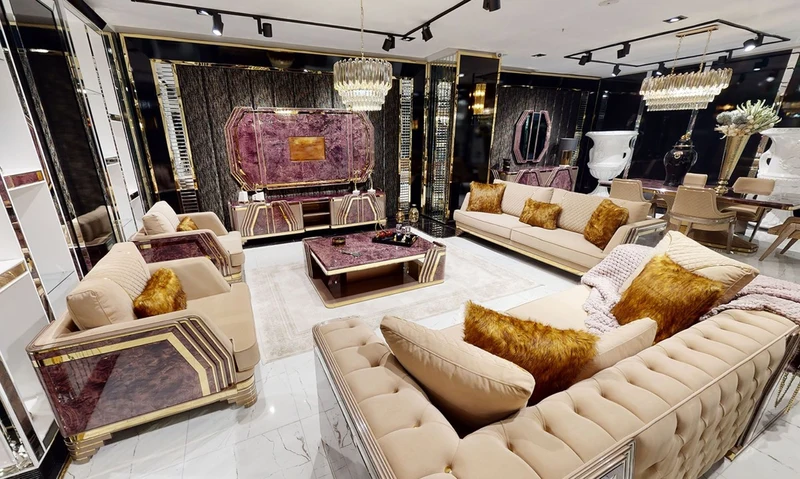 Casa Padrino Luxus Art Deco Sofa Beige / Lila / Grau / Gold - Edles Wohnzimmer Sofa mit Marmoroptik - Luxus Art Deco Wohnzimmer & Hotel Möbel