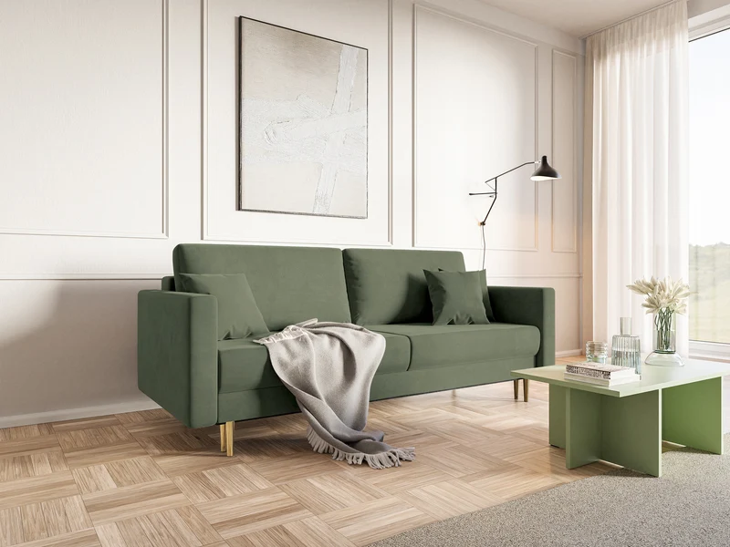 Dreisitziges ausklappbares Sofa Valico in Salbeigrün, samtig, wasserabweisend