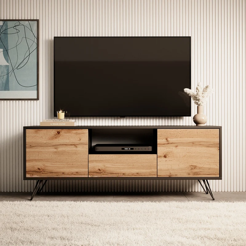 TV-Schrank Ploystea 137 cm Schwarz / Wotan-Eiche