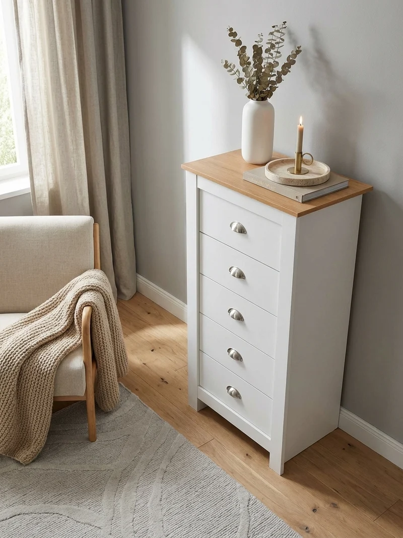 Sideboard – Eiche/Weiß, 5 Schubladen, melaminbeschichtet, platzsparend
