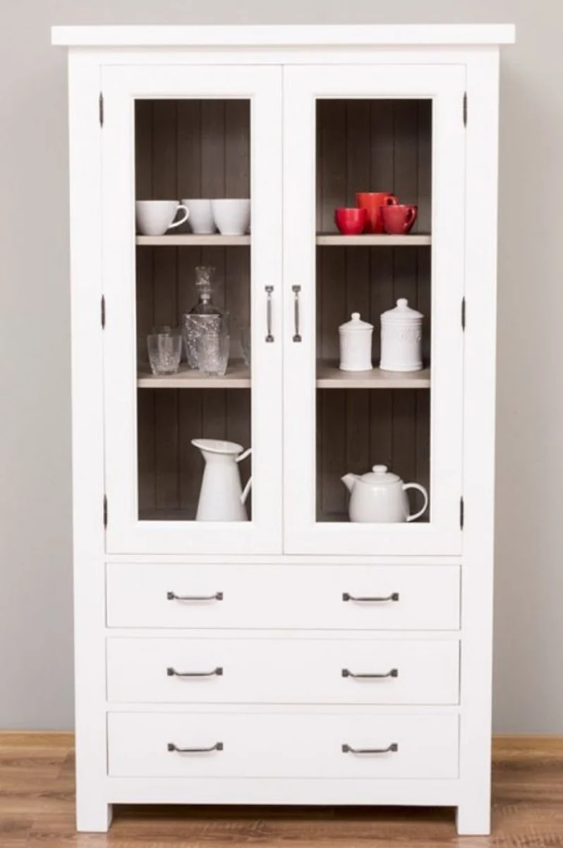 Casa Padrino Landhausstil Küchenschrank Weiß / Grau 100 x 50 x H. 180 cm - Massivholz Vitrinenschrank mit 2 Glastüren und 3 Schubladen - Landhausstil Küchen Möbel