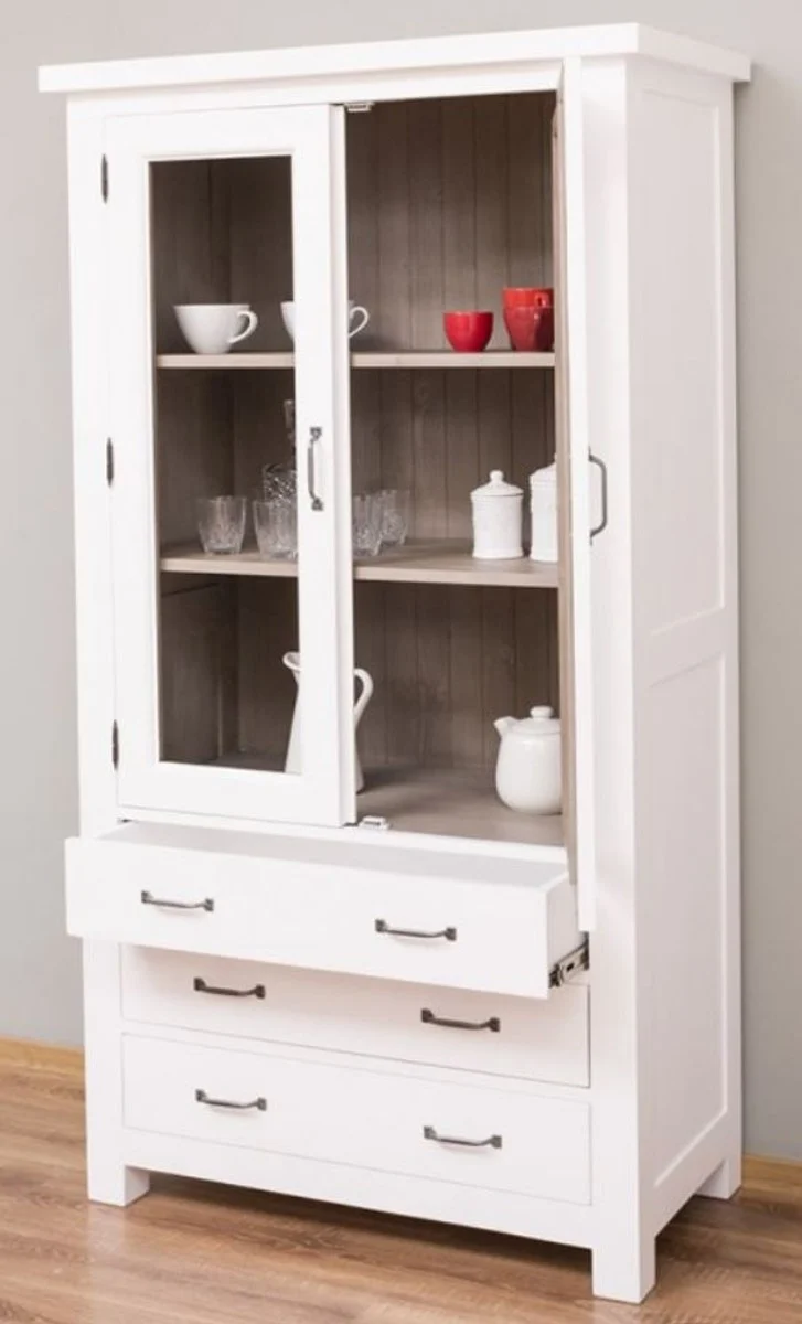 Casa Padrino Landhausstil Küchenschrank Weiß / Grau 100 x 50 x H. 180 cm - Massivholz Vitrinenschrank mit 2 Glastüren und 3 Schubladen - Landhausstil Küchen Möbel