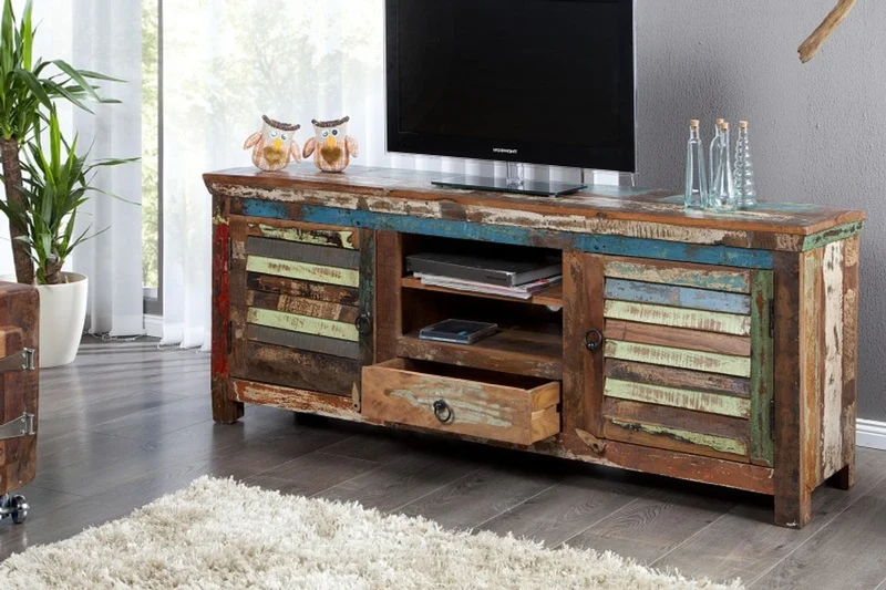 Casa Padrino Designer Sideboard Mehrfarbig B.150 x H.60 x T.40 - Fernsehschrank - Kommode - Handgefertigt - Massivholz