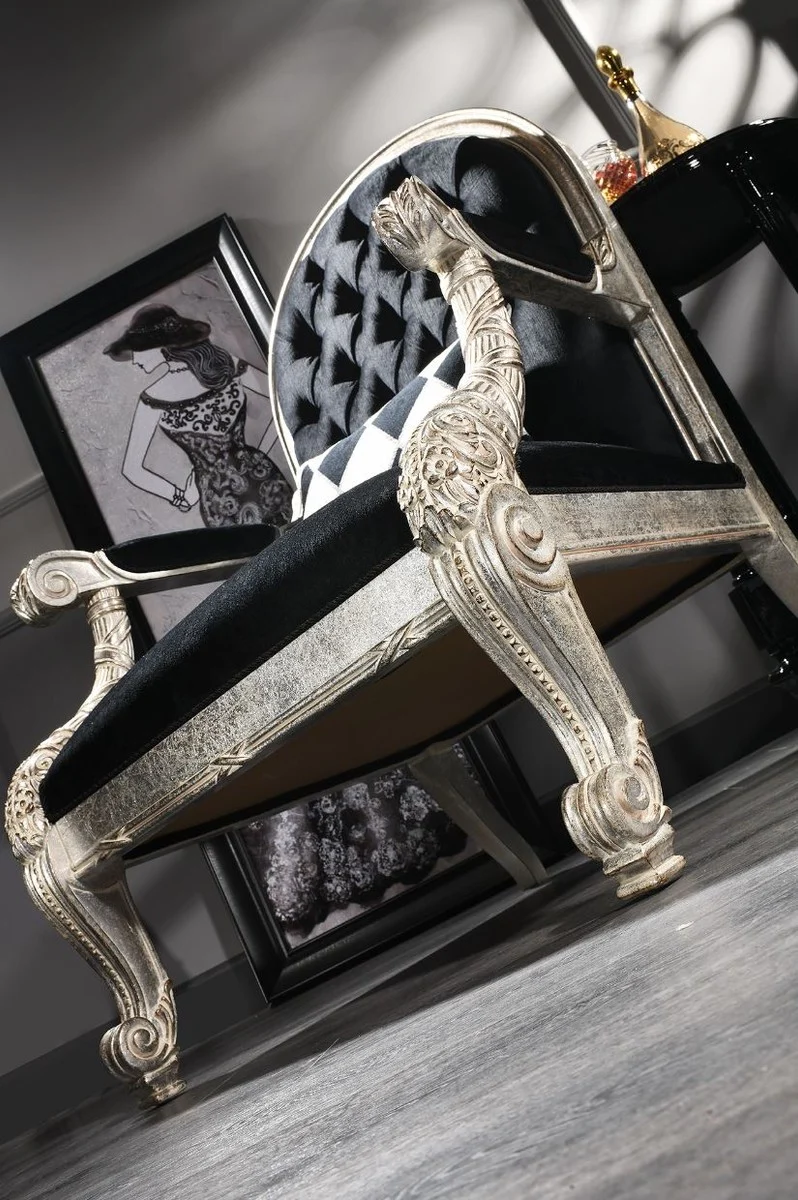 Casa Padrino Luxus Barock Sessel Schwarz / Antik Silber 80 x 84 x H. 115 cm - Wohnzimmer Sessel im Barockstil - Barock Wohnzimmer Möbel
