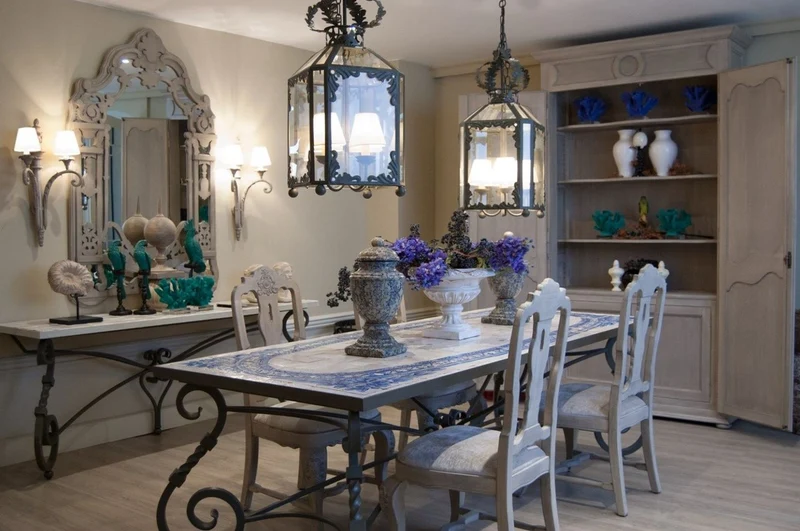 Casa Padrino Luxus Barock Esstisch - Handgefertigter Schmiedeeisen Küchentisch mit Naturstein Mosaik Fliesen Tischplatte - Garten Tisch - Terrassen Tisch - Garten Terrassen Esszimmer Möbel