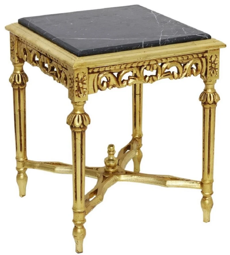 Casa Padrino Barock Beistelltisch Gold / Schwarz - Handgefertigter Massivholz Tisch mit Marmorplatte - Barock Wohnzimmer Möbel