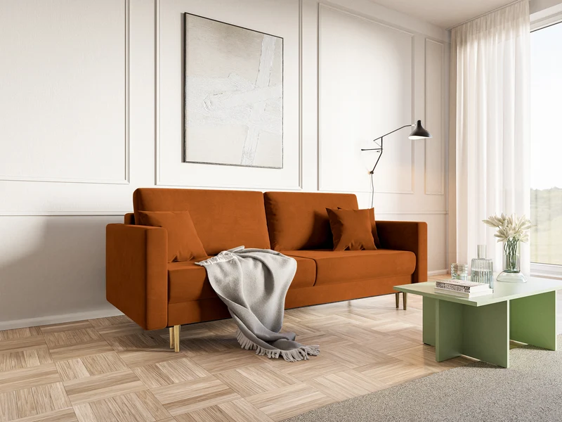 Dreisitziges ausklappbares Sofa Valico in kupferfarbenem Samt, wasserabweisend