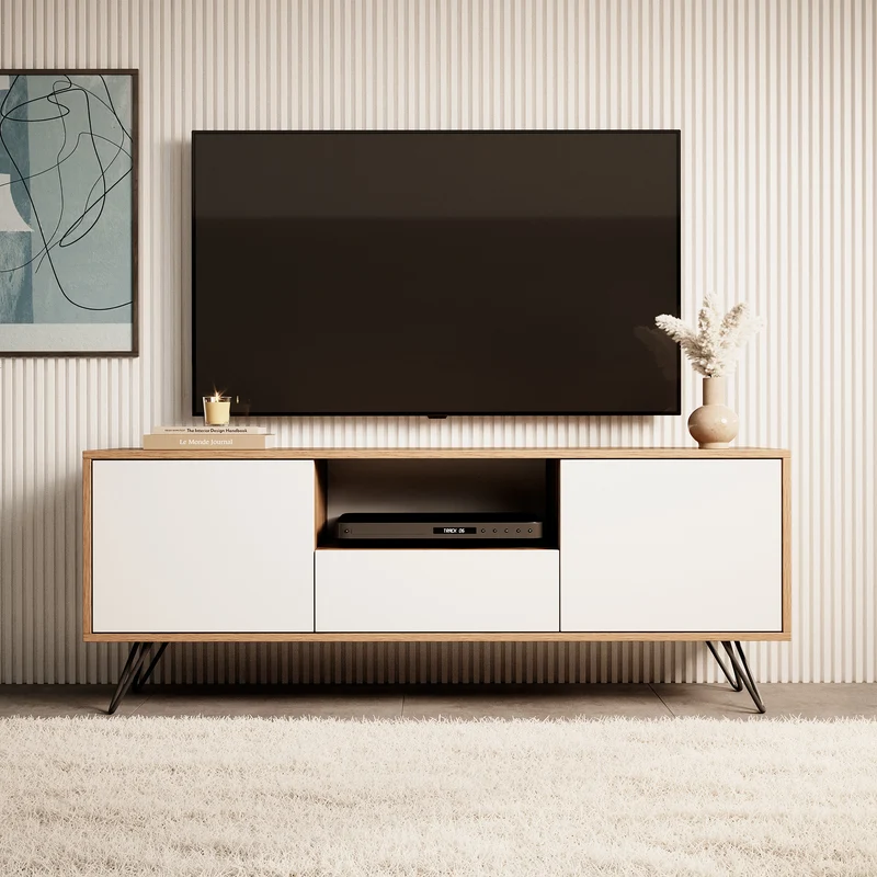 TV-Schrank Ploystea 137 cm Wotan-Eiche / Weiß mit Beleuchtung