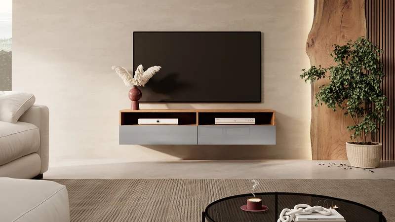 TV-Schrank mit zwei Schubladen Rednaw 140 cm Wotan-Eiche / Grauer Hochglanz mit Beleuchtung