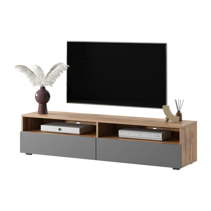 TV-Schrank mit zwei Schubladen Rednaw 140 cm Wotan-Eiche / Grauer Hochglanz mit Beleuchtung