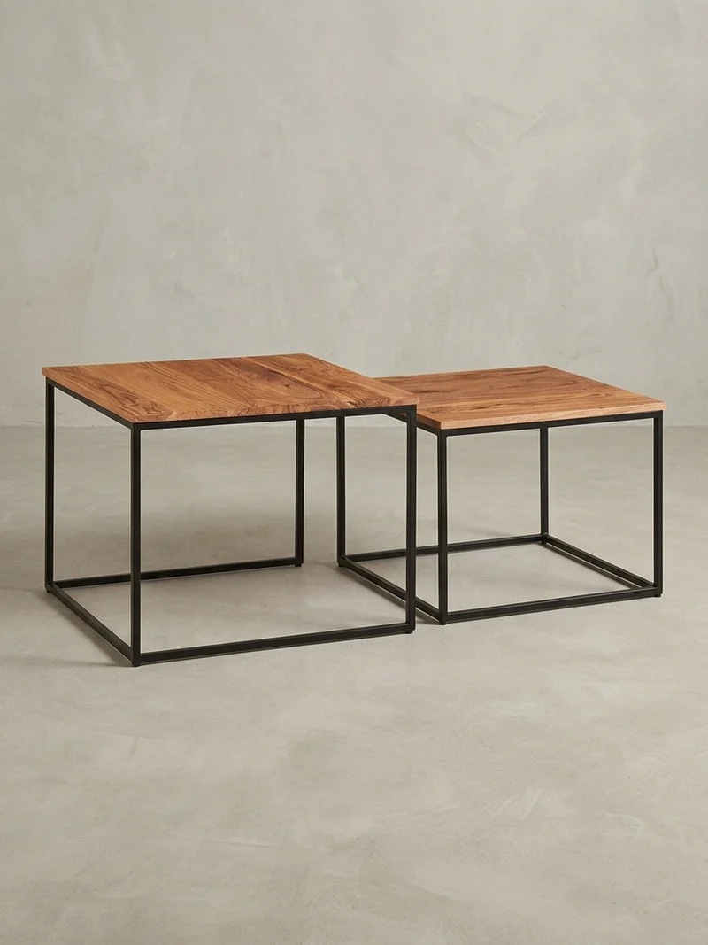 Wohnzimmertisch Set – Holz Metall quadratisch 2-teilig Industrie-Stil