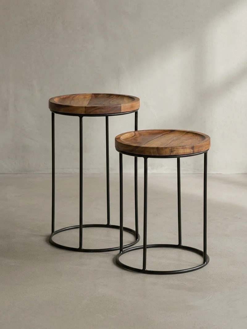 Beistelltisch Set – Massivholz Metall Braun Schwarz 2-teilig Industrial