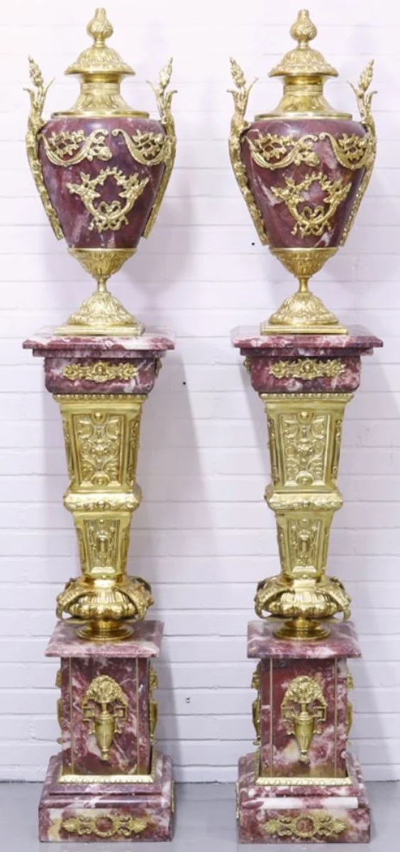 Casa Padrino Barock Vasen mit Marmor Säulen Set Rot / Gold 30 x 30 x H. 180 cm - Edel & Prunkvoll
