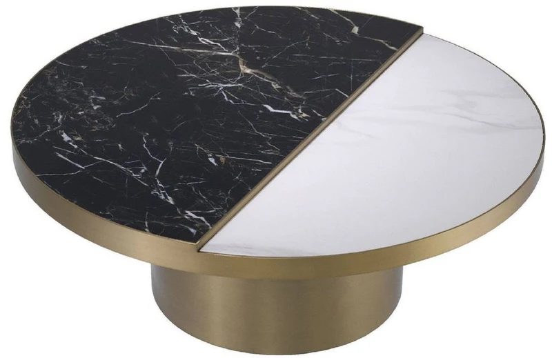 Casa Padrino Luxus Couchtisch Schwarz / Weiß / Messingfarben Ø 89 x H. 55,5 cm - Runder Edelstahl Wohnzimmertisch mit 2 halbrunden Keramikplatten - Wohnzimmer Möbel - Luxus Möbel
