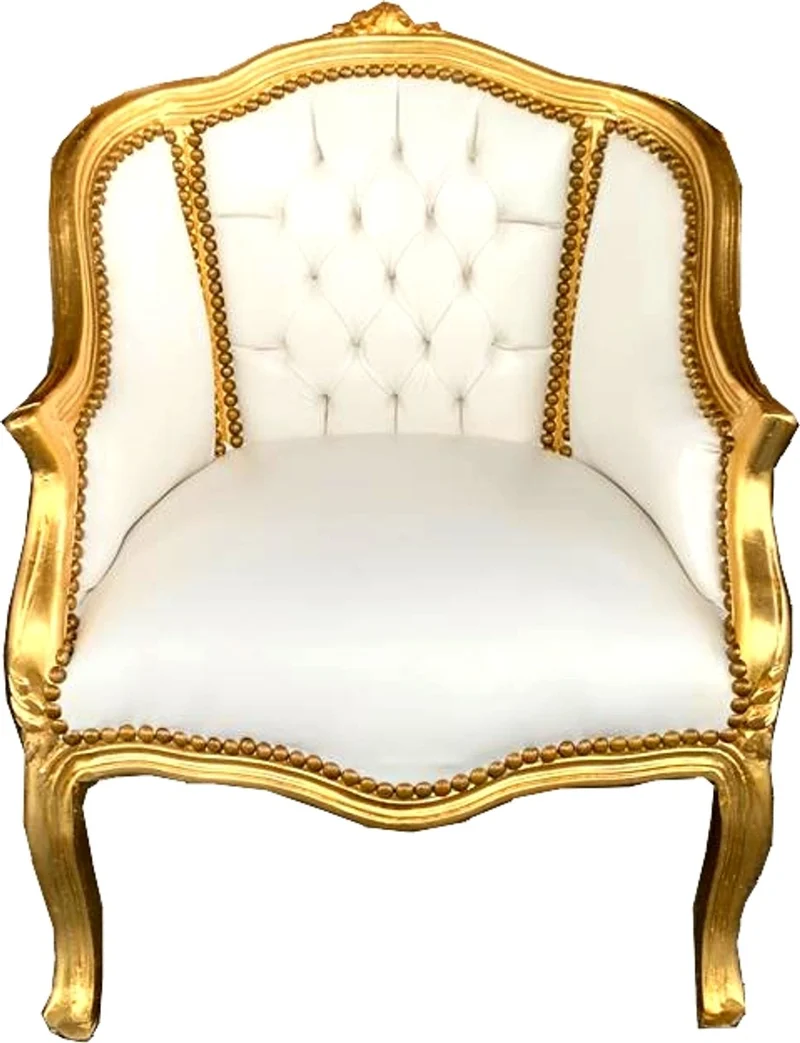Casa Padrino Barock Damen Salon Sessel Weiß Kunstleder / Gold - Salon Möbel