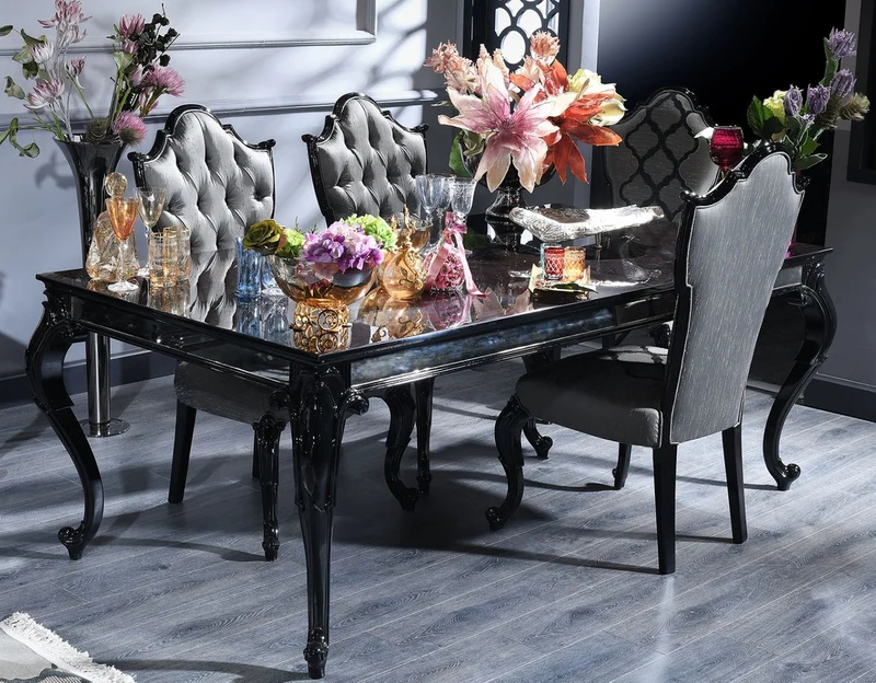Casa Padrino Luxus Barock Esstisch Schwarz / Braun 210 x 110 x H. 78 cm - Edler Massivholz Küchentisch mit Glasplatte und Spiegelglas - Barock Esszimmer Möbel - Luxus Qualität - Made in Italy
