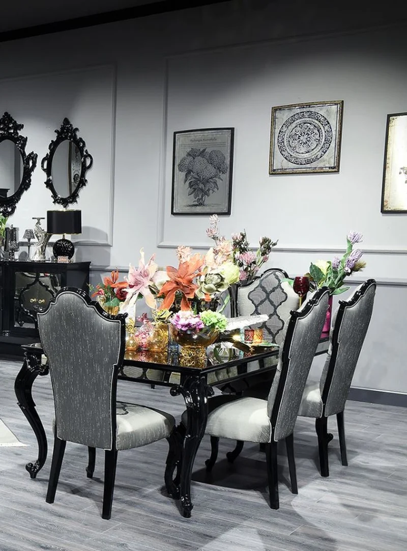 Casa Padrino Luxus Barock Esstisch Schwarz / Braun 210 x 110 x H. 78 cm - Edler Massivholz Küchentisch mit Glasplatte und Spiegelglas - Barock Esszimmer Möbel - Luxus Qualität - Made in Italy