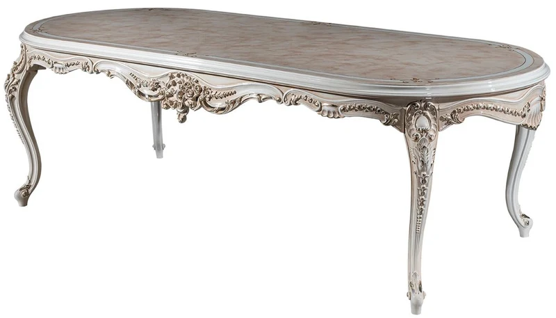 Casa Padrino Luxus Barock Esszimmer Set Lila / Beige / Weiß / Gold - 1 Ovaler Esstisch & 6 Esszimmerstühle mit elegantem Muster - Barock Esszimmer Möbel - Edel & Prunkvoll