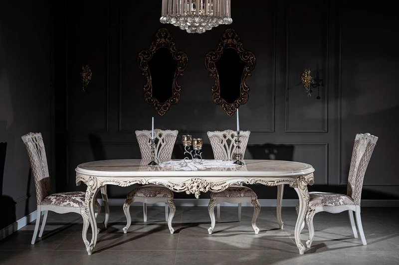 Casa Padrino Luxus Barock Esszimmer Set Lila / Beige / Weiß / Gold - 1 Ovaler Esstisch & 6 Esszimmerstühle mit elegantem Muster - Barock Esszimmer Möbel - Edel & Prunkvoll
