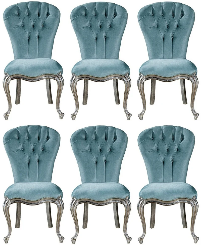 Casa Padrino Luxus Barock Esszimmer Stuhl Set Hellblau / Silber 55 x 55 x H. 107 cm - Küchen Stühle 6er Set - Edle Barock Esszimmer Möbel