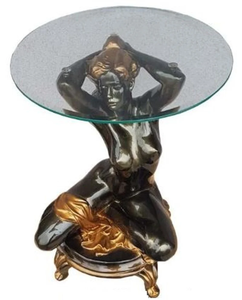 Casa Padrino Jugendstil Beistelltisch kniende Frau Schwarz / Gold Ø 45 x H. 63,5 cm - Eleganter Tisch mit runder Glasplatte - Wohnzimmer Möbel