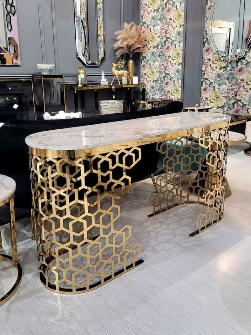 Casa Padrino Luxus Konsole Weiß / Gold 140 x 40 x H. 80 cm - Konsolentisch mit Kunstmarmor Tischplatte - Wohnzimmer Möbel - Luxus Möbel - Luxus Einrichtung