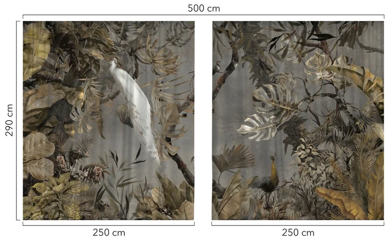 Casa Padrino Luxus Vorhang Set Weißer Pfau im Wald Grau / Mehrfarbig 250 x H. 290 cm - Bedruckte Leinen & Samt Vorhänge - Ösenvorhänge - Schiebevorhänge - Luxus Wohnzimmer Vorhänge