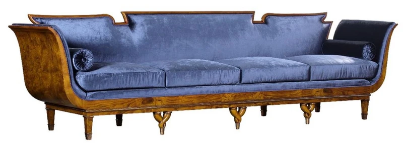 Casa Padrino Luxus Jugendstil 4er Samt Sofa Blau / Hellbraun - Edles Handgefertigtes Wohnzimmer Sofa - Barock & Jugendstil Wohnzimmer Möbel