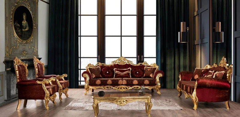 Casa Padrino Luxus Barock Wohnzimmer Set Bordeauxrot / Gold - 2 Sofas mit Muster & 2 Sessel mit Muster & 1 Couchtisch - Prunkvolle Barock Wohnzimmer Möbel