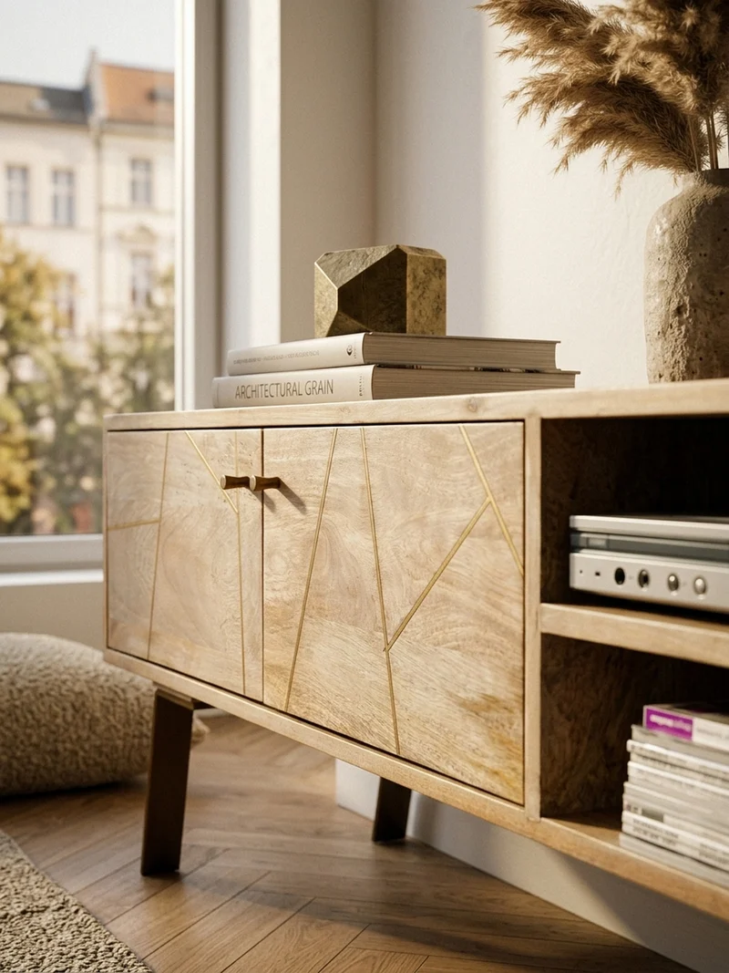 Lowboard Mango Massivholz Metall Landhausstil Modell Garda für Fernseher bis 55 Zoll