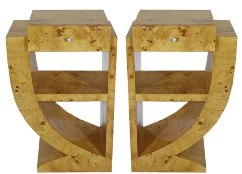 Casa Padrino Art Deco Beistelltisch Set Hellbraun 50 x 40 x H. 75 cm - Wurzelholz Beistelltische mit Schublade - Nachttische - Luxus Qualität