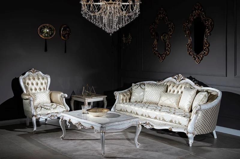 Casa Padrino Luxus Barock Wohnzimmer Set Gold Muster / Antik Weiß / Gold - 2 Sofas & 2 Sessel & 1 Couchtisch - Wohnzimmer Möbel im Barockstil - Edel & Prunkvoll