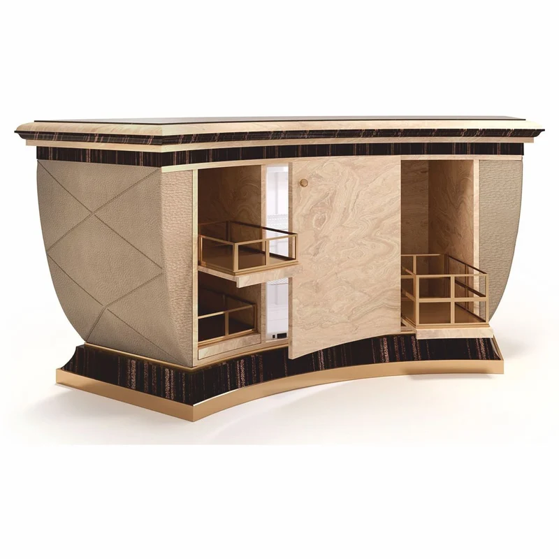 Casa Padrino Luxus Bartheke mit Kühlschrank Beige / Schwarz / Gold / Bronze 225 x 102 x H. 98 cm - Handgefertigter Bartisch - Hausbar - Hotel Möbel - Luxus Qualität - Made in Italy