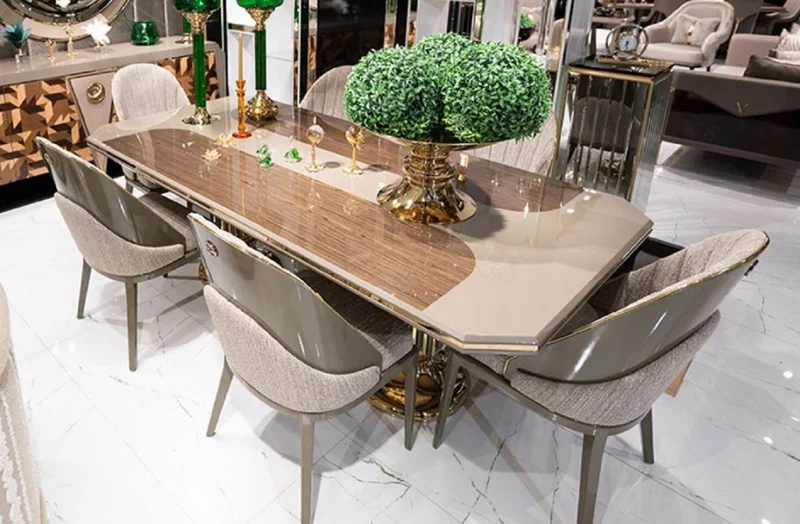 Casa Padrino Luxus Esszimmer Set Grau / Braun / Gold - 1 Luxus Esstisch & 6 Luxus Esszimmerstühle - Luxus Esszimmer Möbel