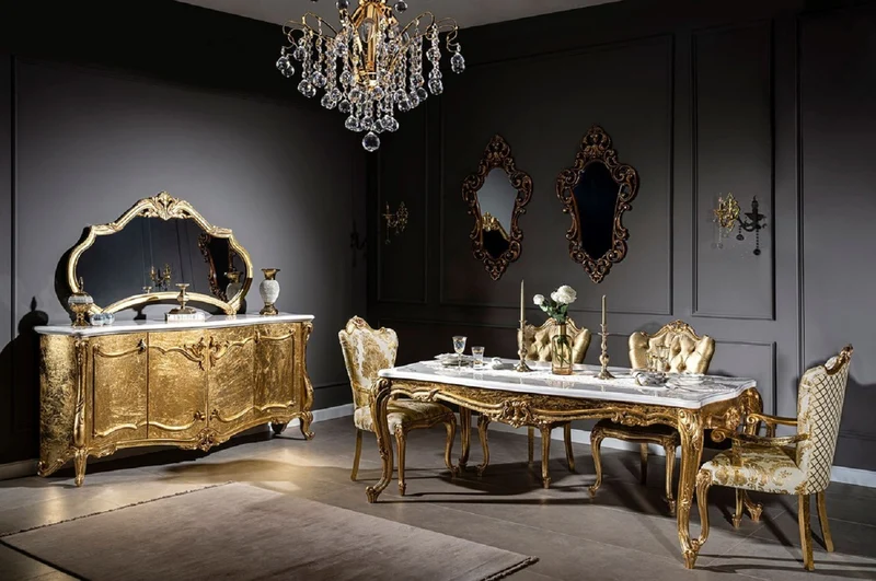 Casa Padrino Luxus Barock Esszimmer Set Weiß / Gold - 1 Esstisch & 6 Esszimmerstühle - Handgefertigte Esszimmer Möbel im Barockstil - Edel & Prunkvoll
