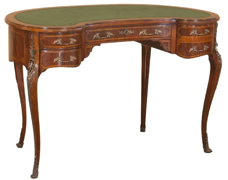 Casa Padrino Luxus Barock Schreibtisch Dunkelbraun / Hellbraun / Grün - Handgefertigter Mahagoni Schreibtisch mit 5 Schubladen - Edle Barock Büro Möbel