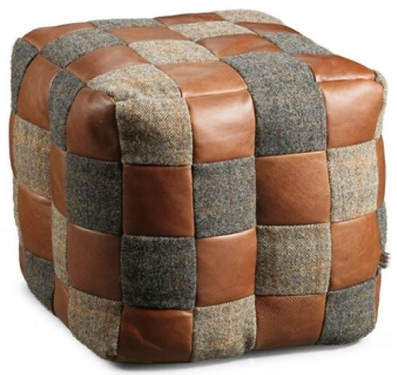 Casa Padrino Luxus Hocker Grau / Beige / Braun 45 x 45 x H. 45 cm - Sitzhocker in Würfelform mit Echtleder - Fußhocker - Wohnzimmer Möbel