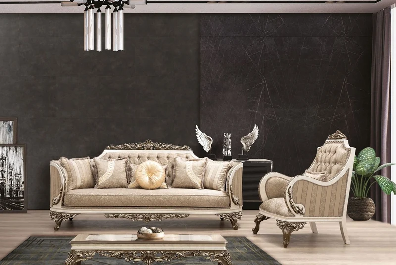 Casa Padrino Luxus Barock Wohnzimmer Set Beige / Cremefarben / Braun / Gold - 2 Sofas & 2 Sessel & 1 Couchtisch - Handgefertigte Wohnzimmer Möbel im Barockstil - Edel & Prunkvoll