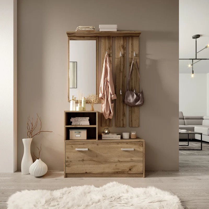Flur-Set Yesfir mit Spiegel, Haken, Regalen und Schuhschrank Wotan-Eiche