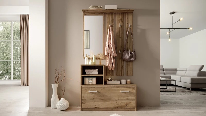 Flur-Set Yesfir mit Spiegel, Haken, Regalen und Schuhschrank Wotan-Eiche