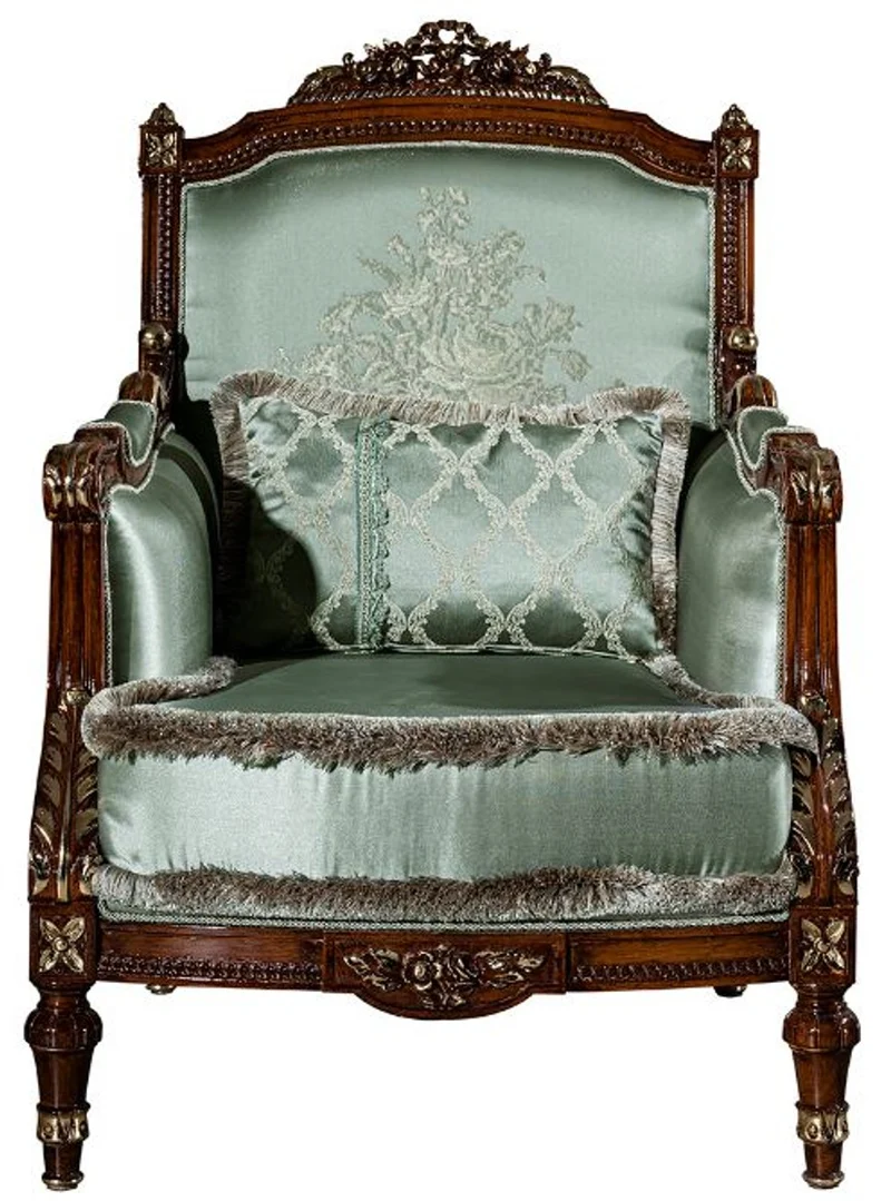 Casa Padrino Luxus Barock Sessel Hellgrün / Braun 80 x 90 x H. 119 cm - Wohnzimmer Sessel mit dekorativem Kissen - Barock Möbel
